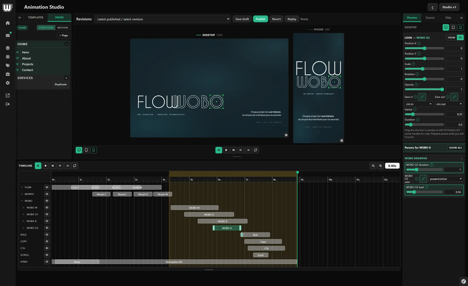 Animation Studio interface: Flow WOBO desktop and phone previews with timeline