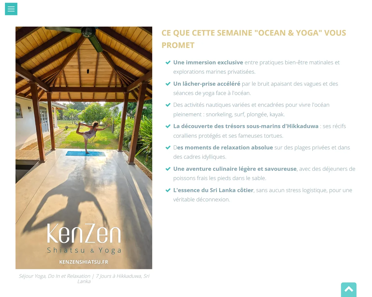 Yoga stay under a pavilion, KenZen Shiatsu & Yoga logo, Ocean & Yoga week promise.
