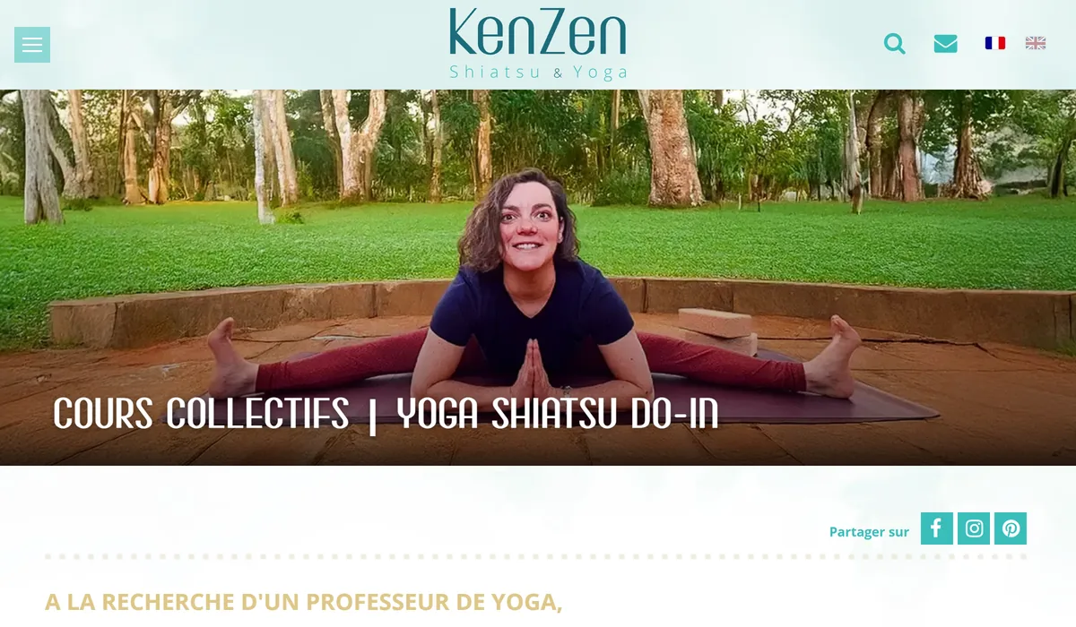 KenZen group classes, yoga shiatsu do-in: a woman in a split on a mat in a park, title “Group classes | yoga shiatsu do-in”, banner “Looking for a yoga teacher”.