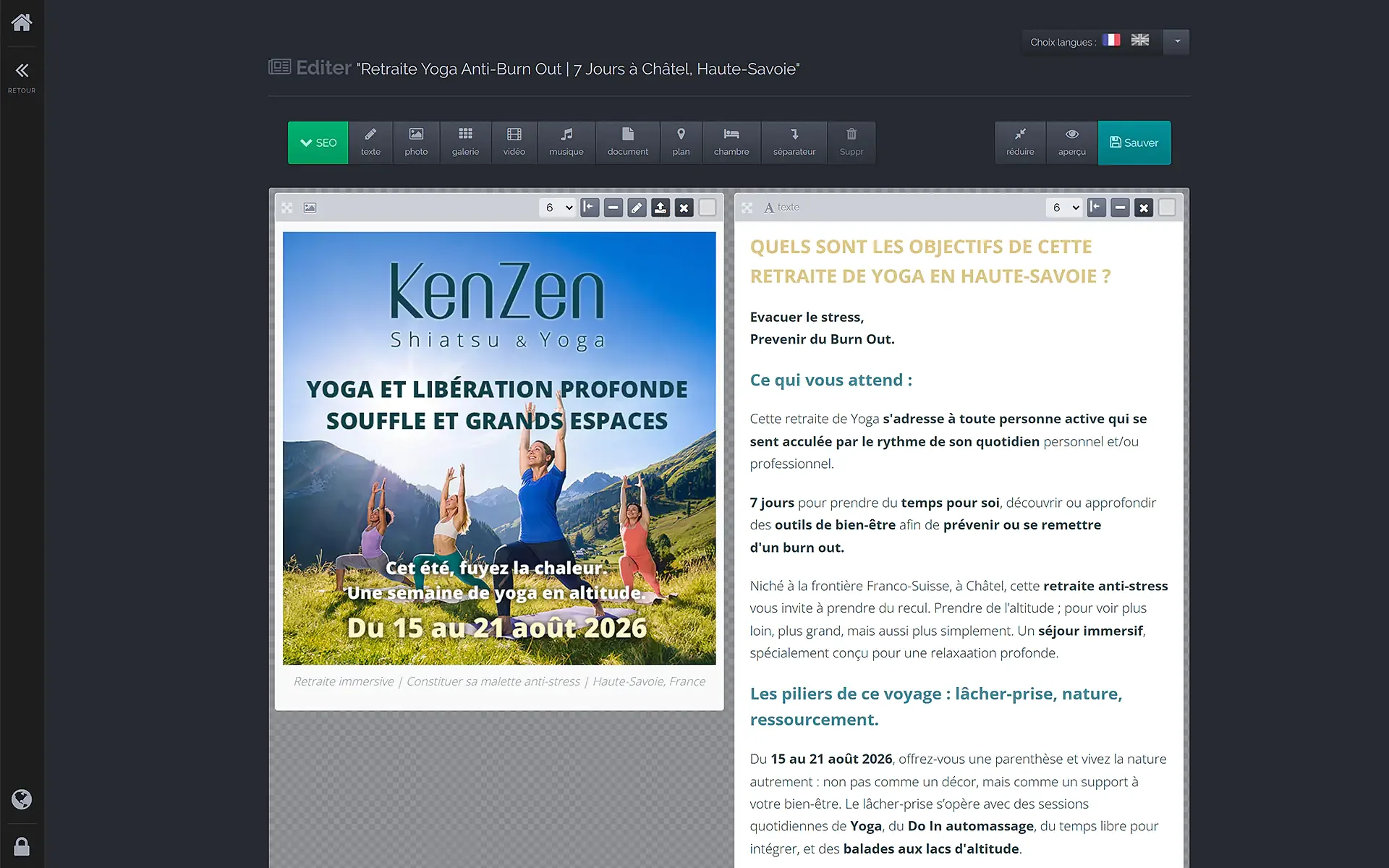 KenZen page editor “Yoga Anti-Burn Out Retreat”, seven days in Châtel, Haute-Savoie: retreat visual and stay goals