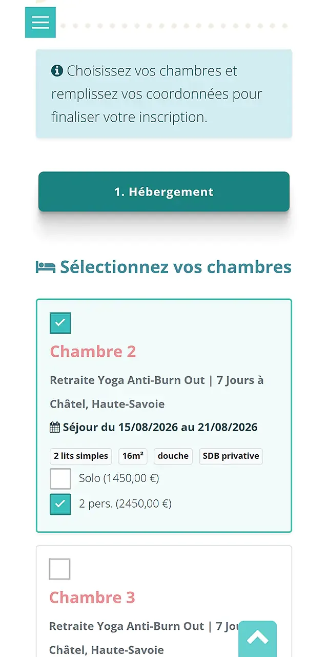 KenZen mobile signup: room choice for the anti-burnout yoga retreat in Châtel, 15–21 August 2026