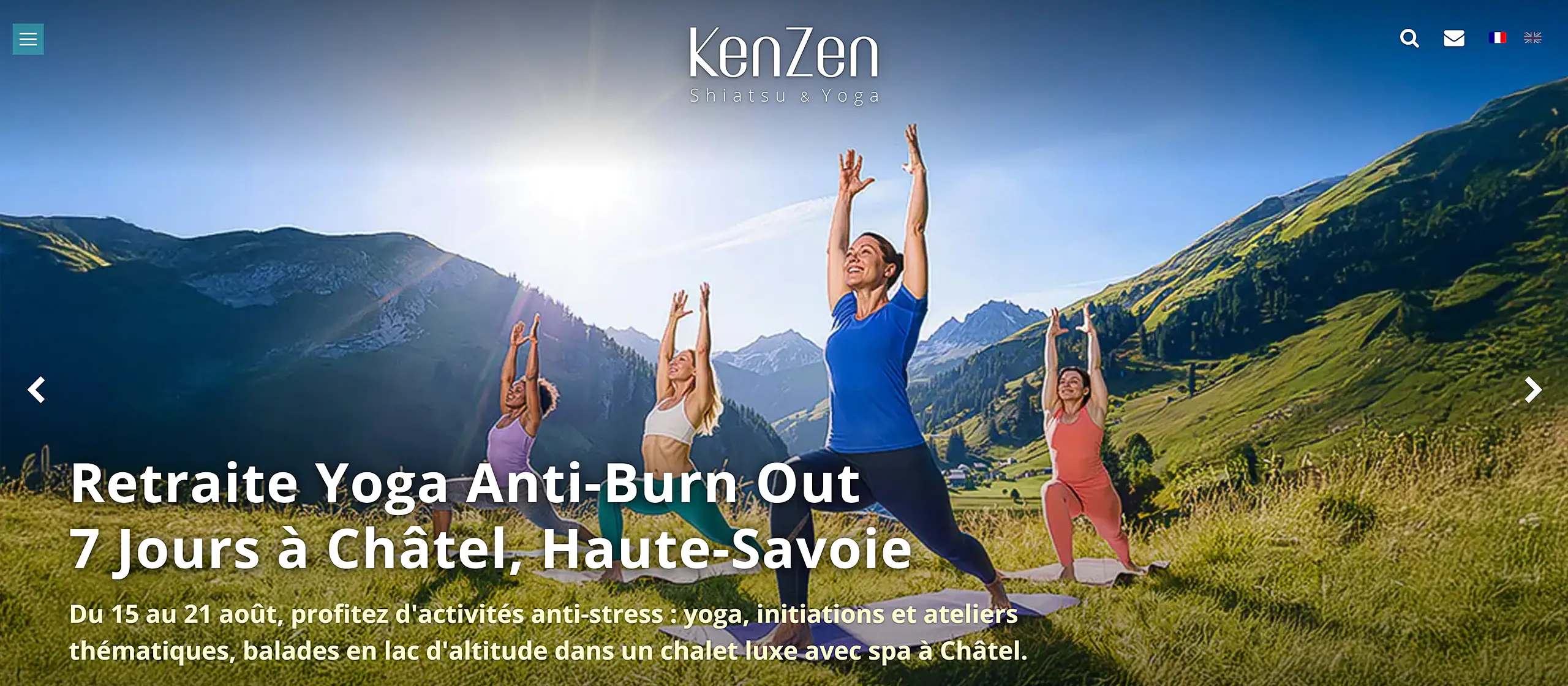 KenZen site capture: seven-day yoga retreat in Châtel, Haute-Savoie, four people in posture facing the peaks