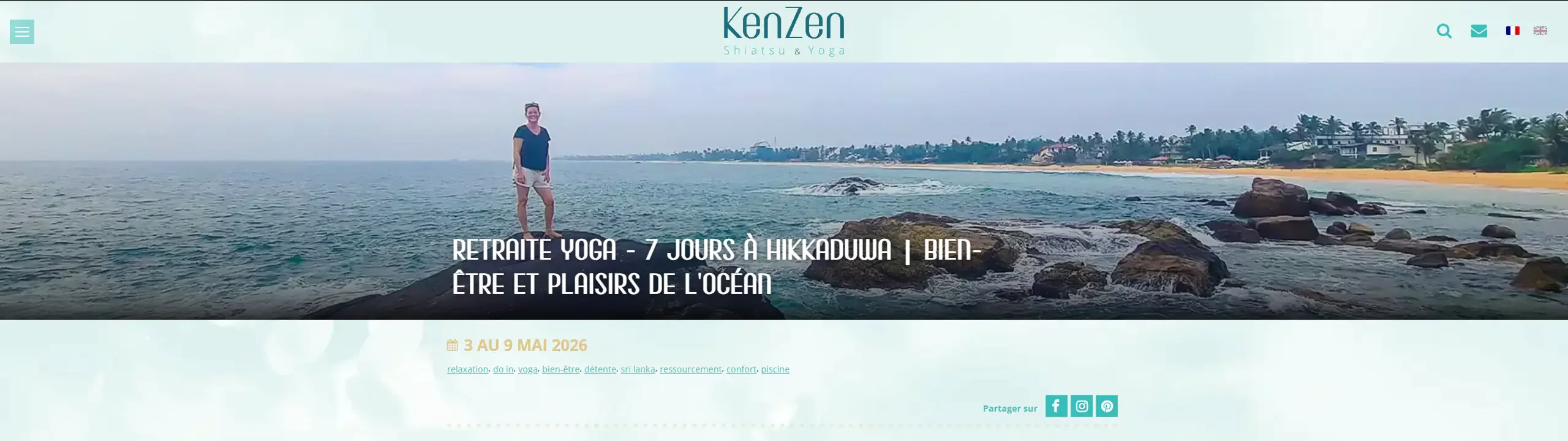 KenZen yoga retreat, seven days in Hikkaduwa: a man standing on a rock facing the ocean, title “Yoga retreat - 7 days in Hikkaduwa | wellbeing and ocean pleasures”, 3–9 May 2026.