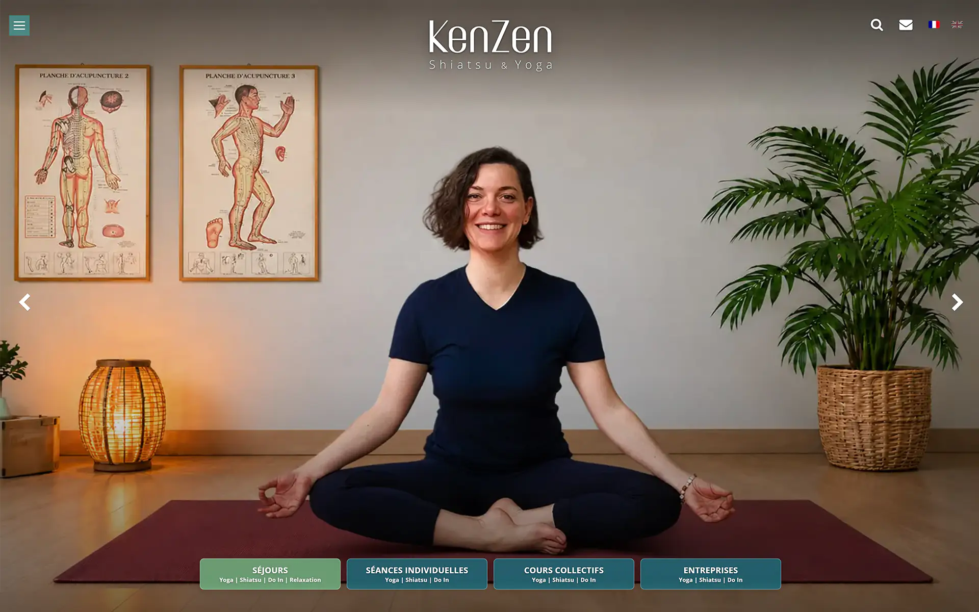 KenZen site capture: practitioner seated in meditation, acupuncture charts on the wall