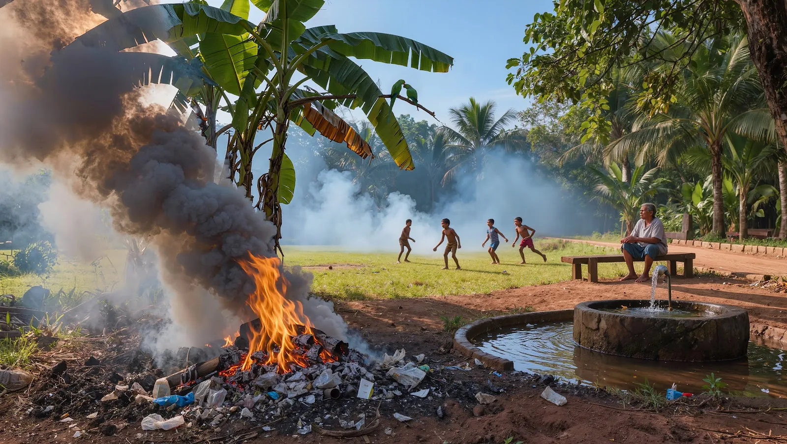 Open-air plastic burning in a Sri Lankan village, near dwellings