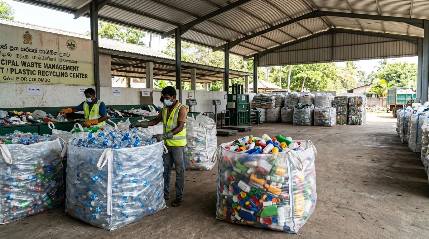 Recycling centre in Sri Lanka: giant bags of plastic bottles and caps sorted by colour