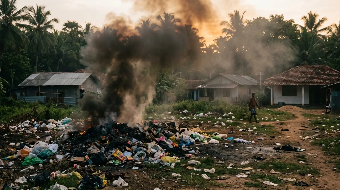 Open-air household plastic burn near a coastal Sri Lankan village