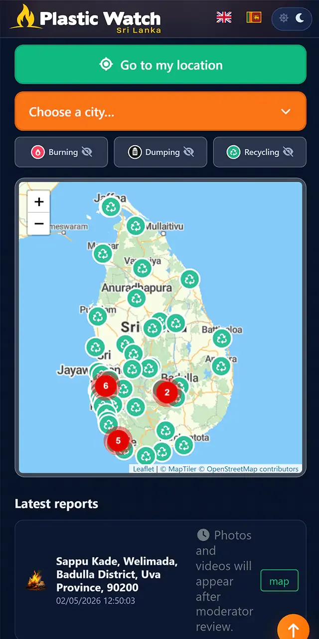 PlasticWatch Sri Lanka mobile map: Go to my location button, city choice, Burning, Dumping and Recycling filters, markers on Sri Lanka and latest report at Sappu Kade, Welimada.