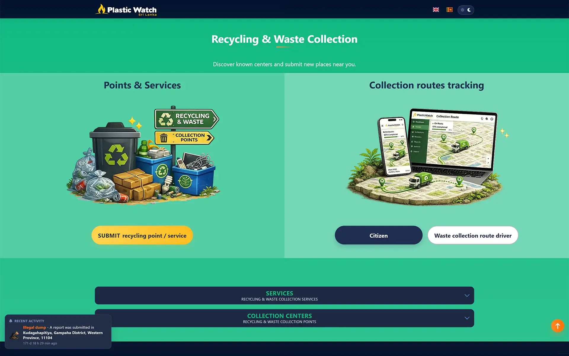 Desktop view of the interface section, PlasticWatch Sri Lanka Recycling & Waste Collection page: Points & Services, round tracking, yellow SUBMIT recycling point / service button, Services and Collection centers accordions.