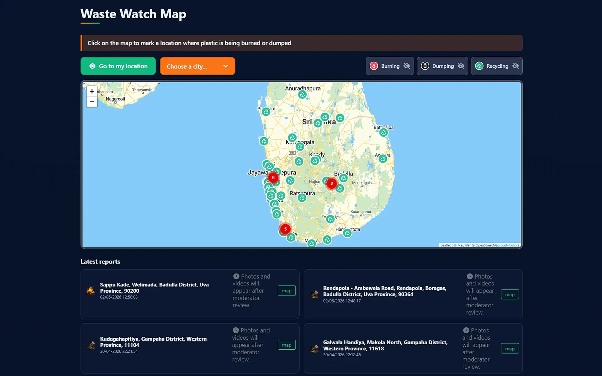 PlasticWatch Sri Lanka Waste Watch Map page: Sri Lanka map, Go to my location button, city choice, Burning, Dumping and Recycling filters, and Latest reports list.
