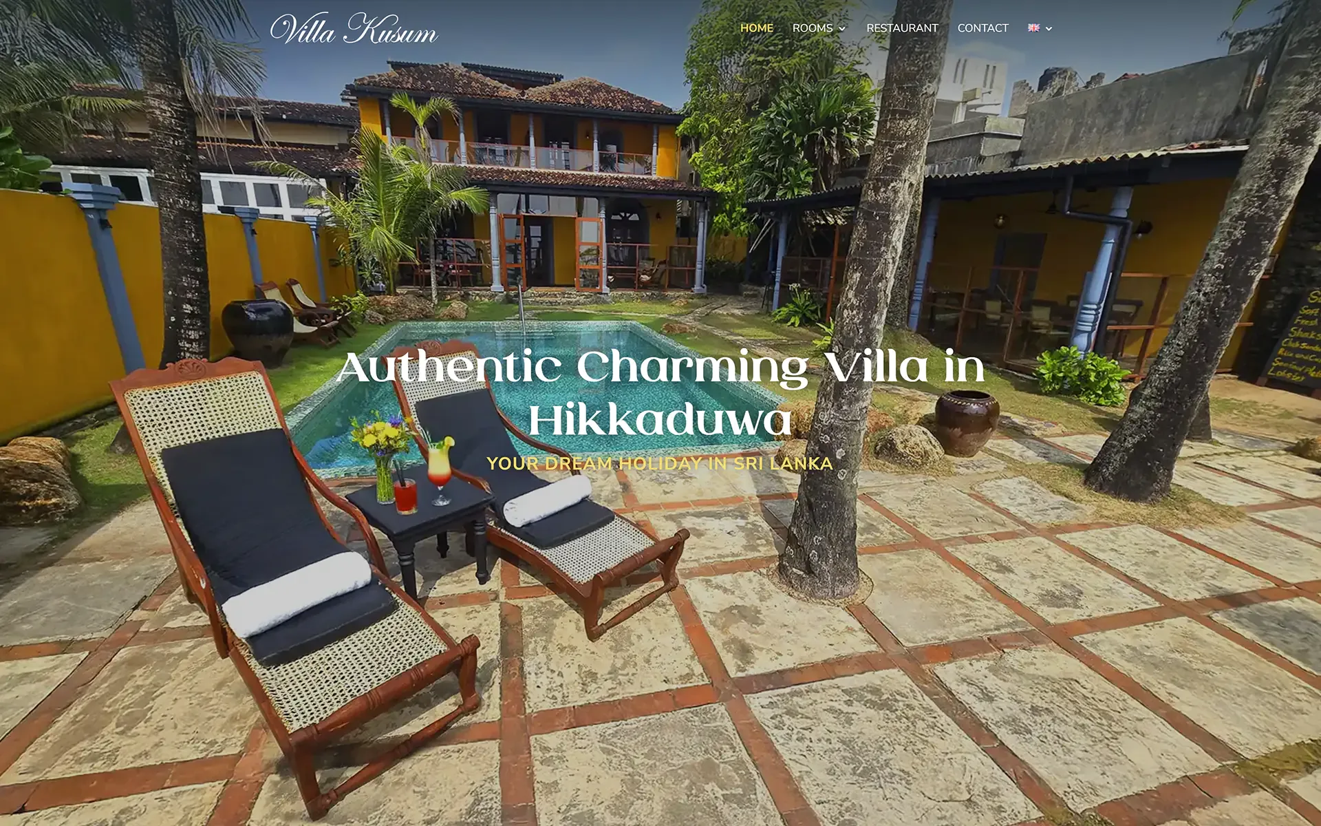 Villa Kusum Hikkaduwa homepage: pool, two rattan loungers, yellow façade and title “Authentic Charming Villa in Hikkaduwa”