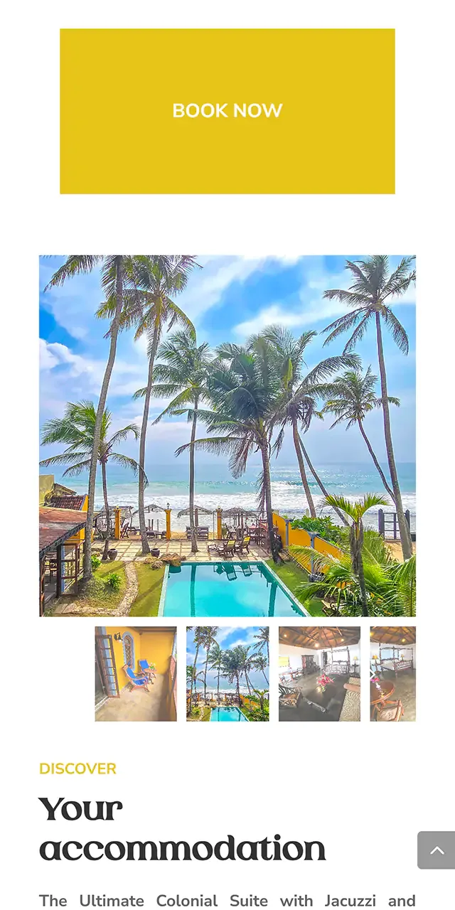 Villa Kusum Hikkaduwa mobile home: yellow Book now button, pool among palms facing the ocean, four thumbnails and the heading Discover, Your accommodation.